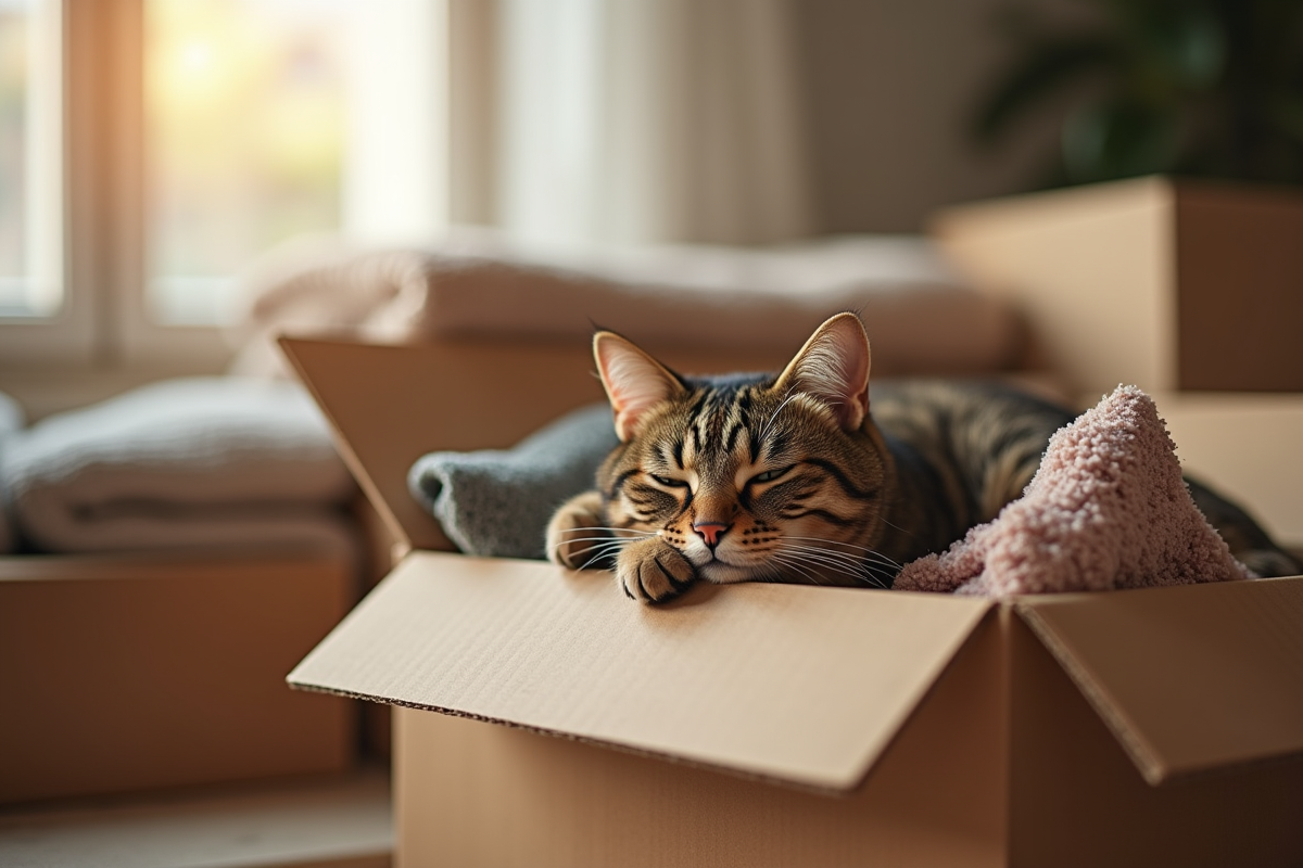 Chat tabby calme dans une boîte en carton lors d'un déménagement
