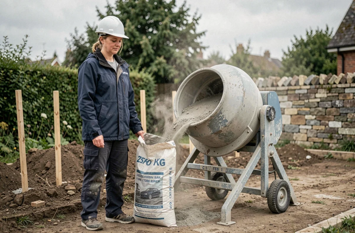 Cheffe de chantier versant un sac de béton de 35 kg dans une bétonnière électrique portable