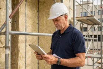 Chef de projet BTP consultant un appel d'offres isolation sur tablette devant un chantier de ravalement