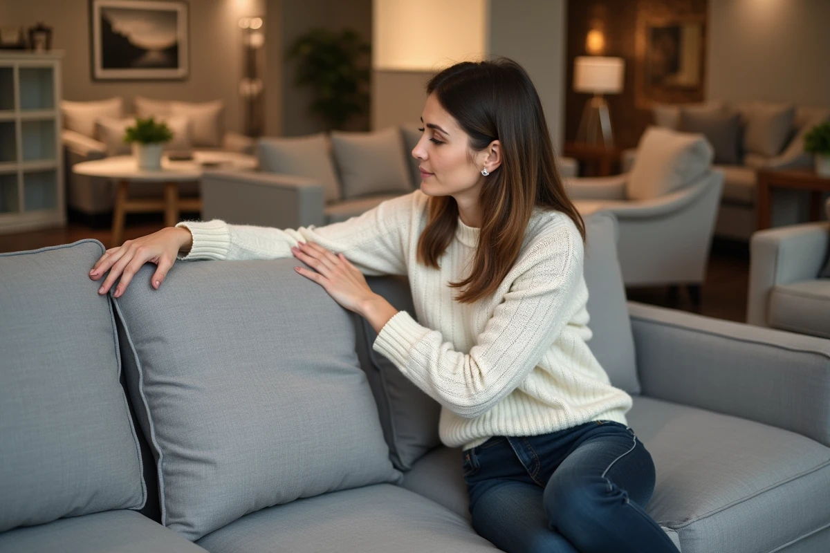 Femme inspectant la qualité du tissu d'un canapé gris dans un magasin de meubles BUT