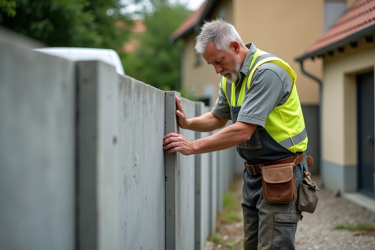 Maçon inspectant une clôture en béton préfabriqué lors de travaux de délimitation de propriété