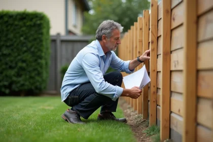 Propriétaire examinant une clôture en bois neuve avec un document de déclaration de travaux dans la main