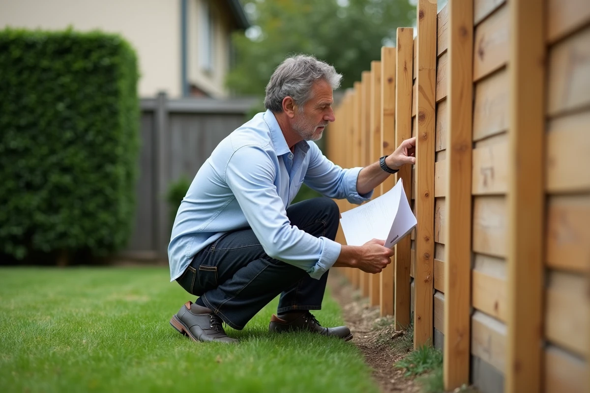 Propriétaire examinant une clôture en bois neuve avec un document de déclaration de travaux dans la main