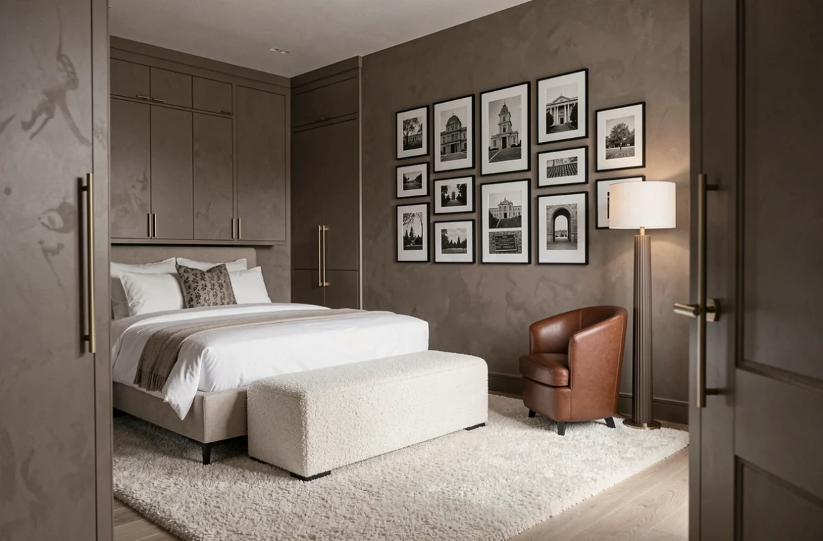 Coin lecture et dressing de chambre raffiné façon hôtel de luxe avec banc en bouclé, fauteuil en cuir cognac et galerie de photos noir et blanc