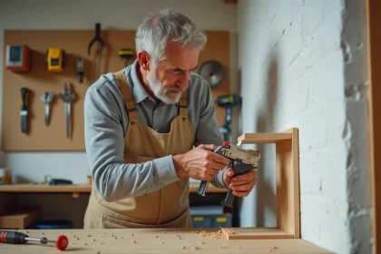 Artisan appliquant de la colle Ni Vis Ni Clou sur une équerre en bois fixée contre un mur en béton peint en blanc dans un atelier de bricolage