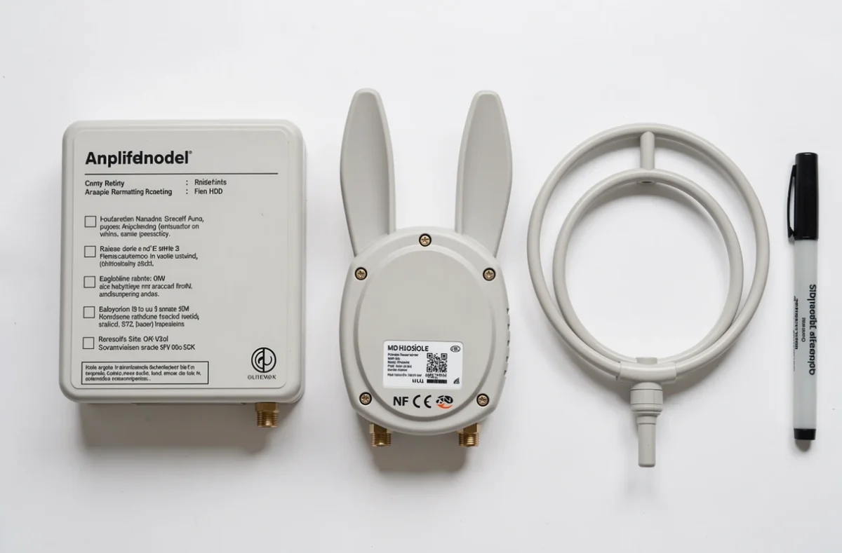Comparaison de trois modèles d'antennes TV intérieures différentes posées à plat sur fond blanc avec une checklist