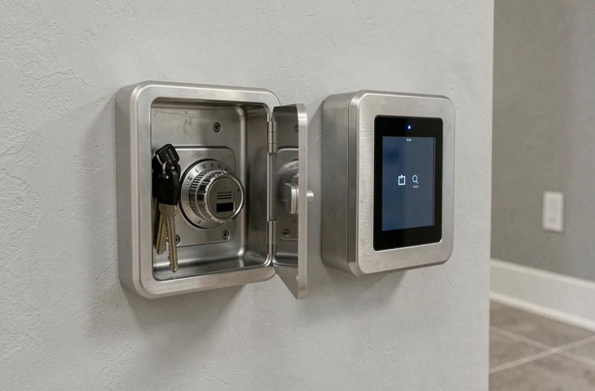 Comparaison côte à côte d'une boîte à clés murale à code mécanique et d'un modèle connecté avec écran tactile