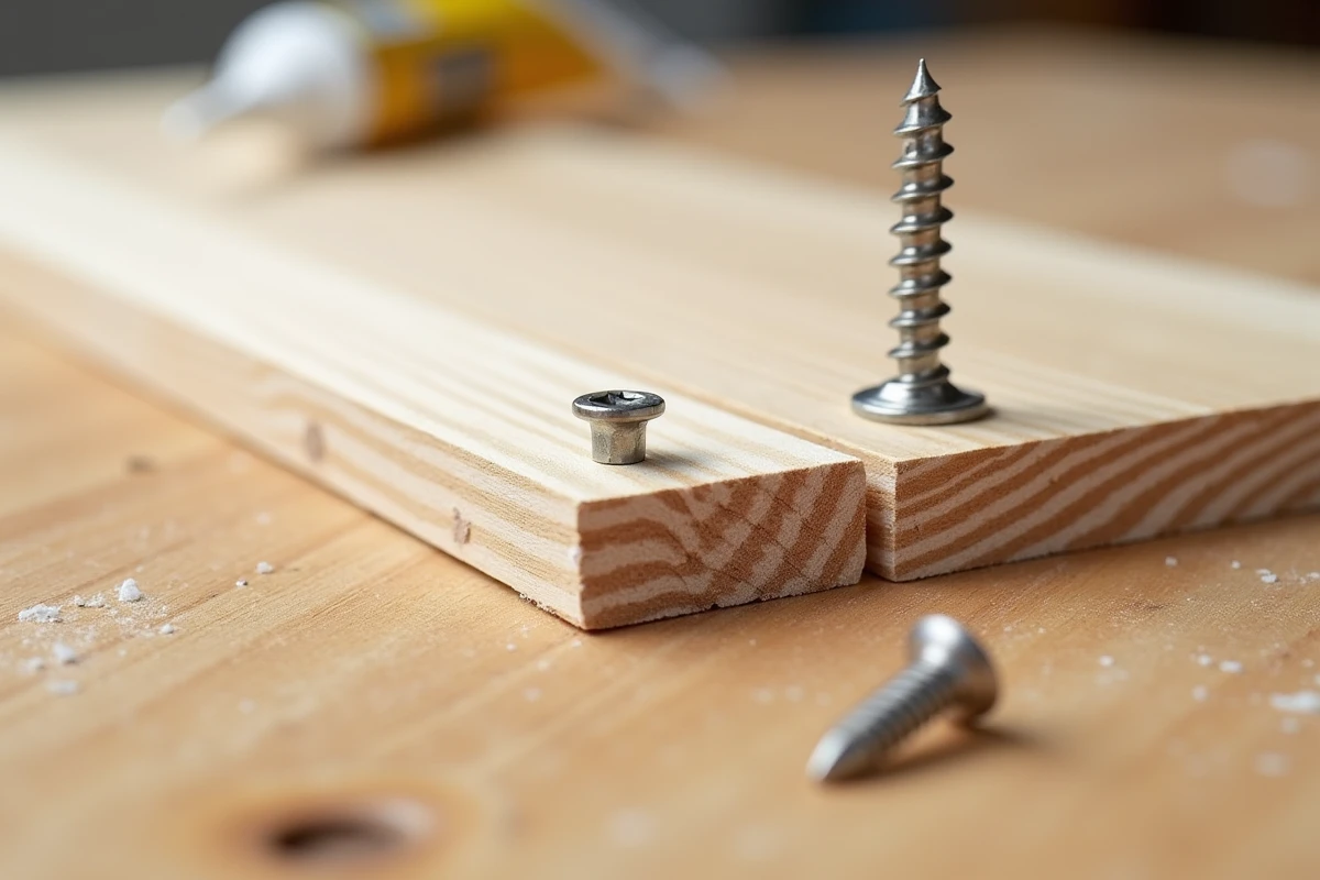 Comparaison entre une vis classique enfoncée dans du bois et un joint de colle de construction entre deux panneaux de contreplaqué sur un établi de bricolage