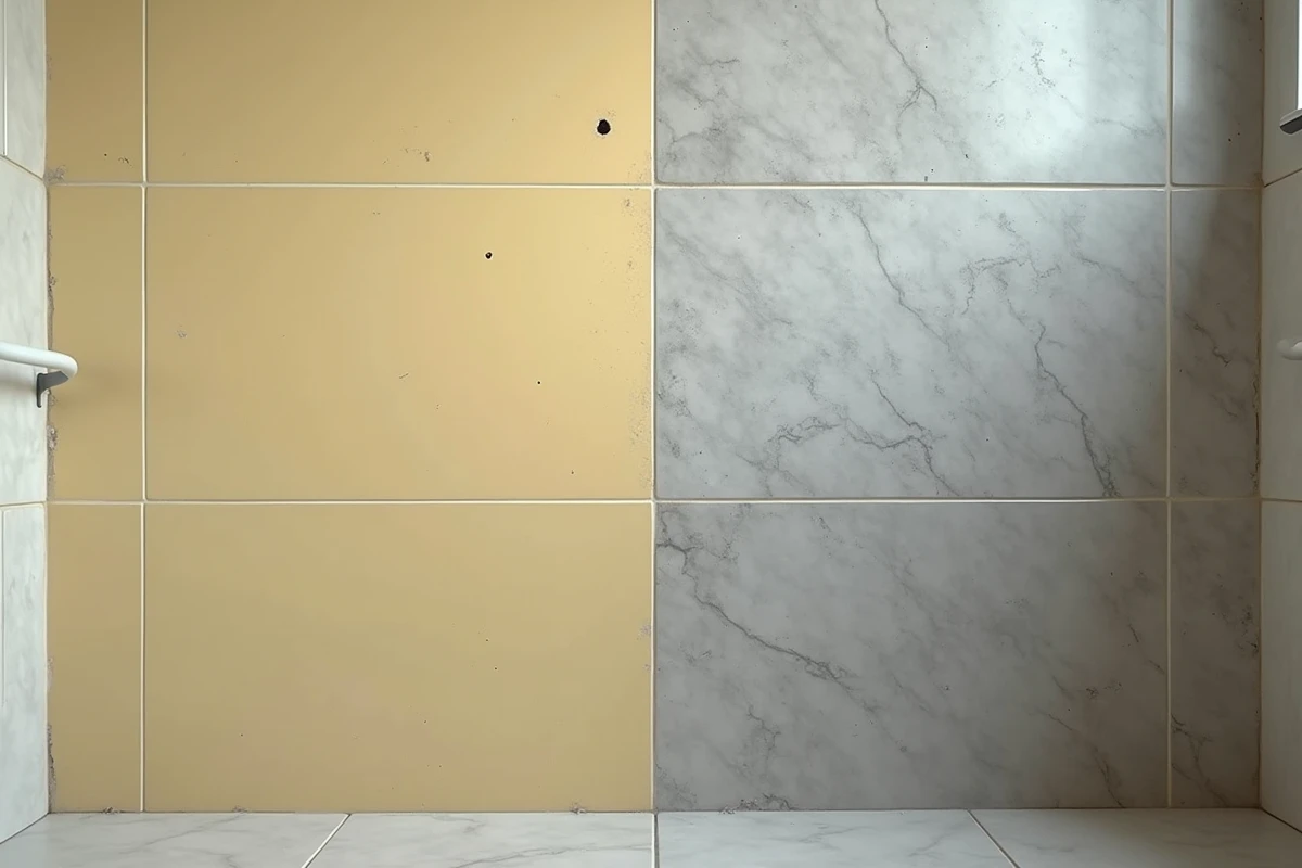 Comparaison entre une ancienne dalle PVC jaunie et une nouvelle dalle effet pierre dans une salle de bain de location