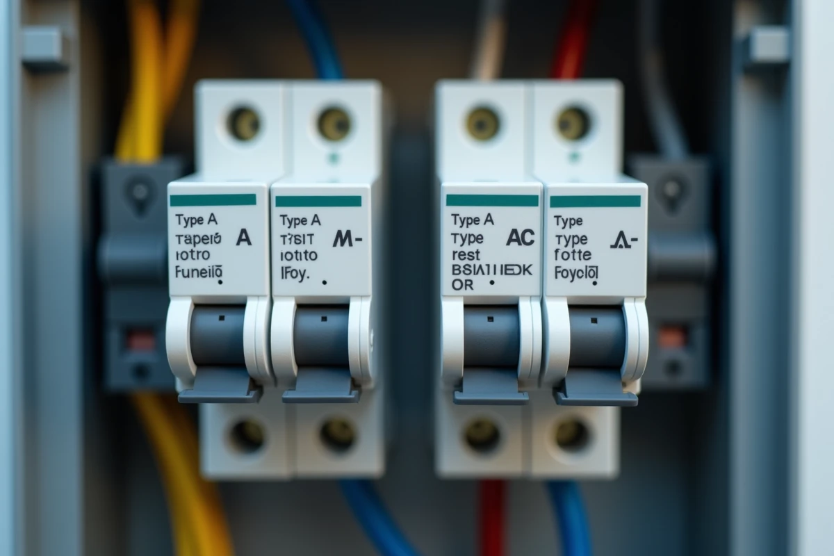 Comparaison c&ocirc;te &agrave; c&ocirc;te d'un disjoncteur diff&eacute;rentiel type A et type AC dans un tableau &eacute;lectrique ouvert