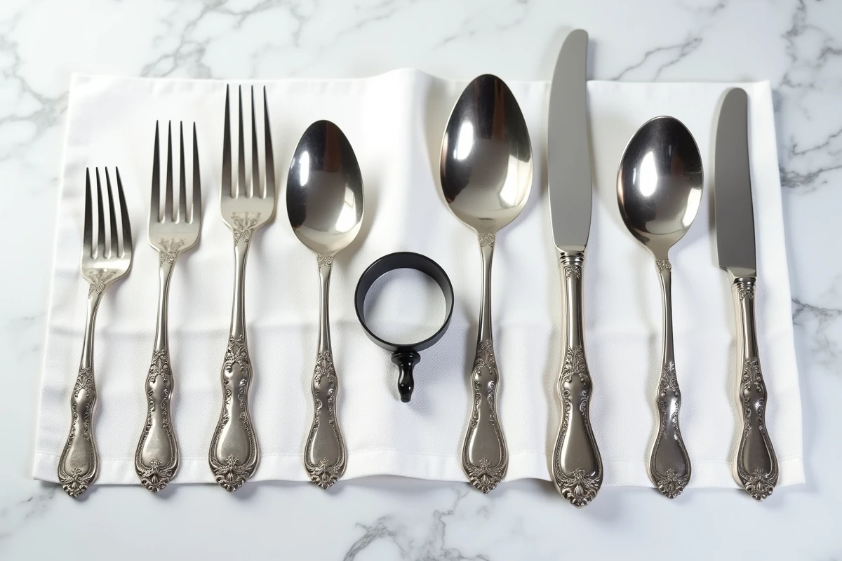 Comparaison entre couverts en argent anciens et modernes avec leurs poinçons respectifs sur nappe blanche
