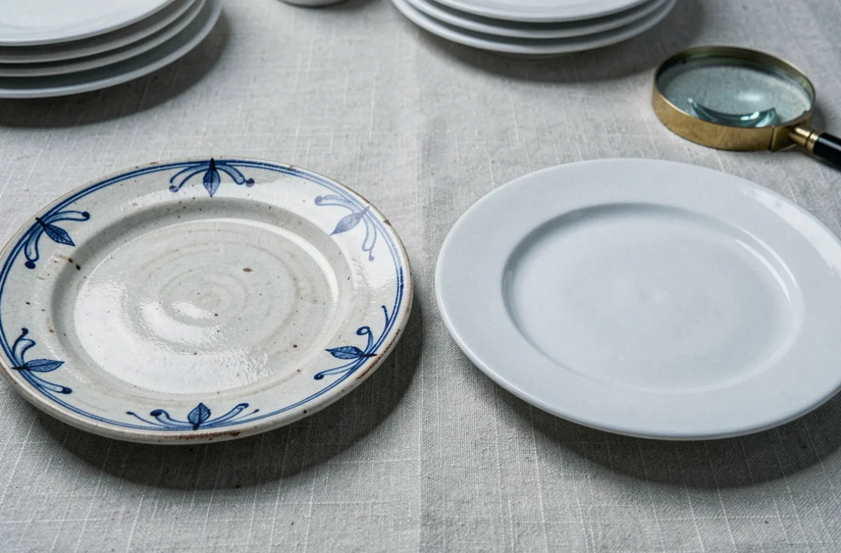 Comparaison côte à côte d'une vraie assiette de Moustiers artisanale et d'une contrefaçon industrielle sur une surface en lin, mettant en évidence les différences de qualité de glaçure et de peinture