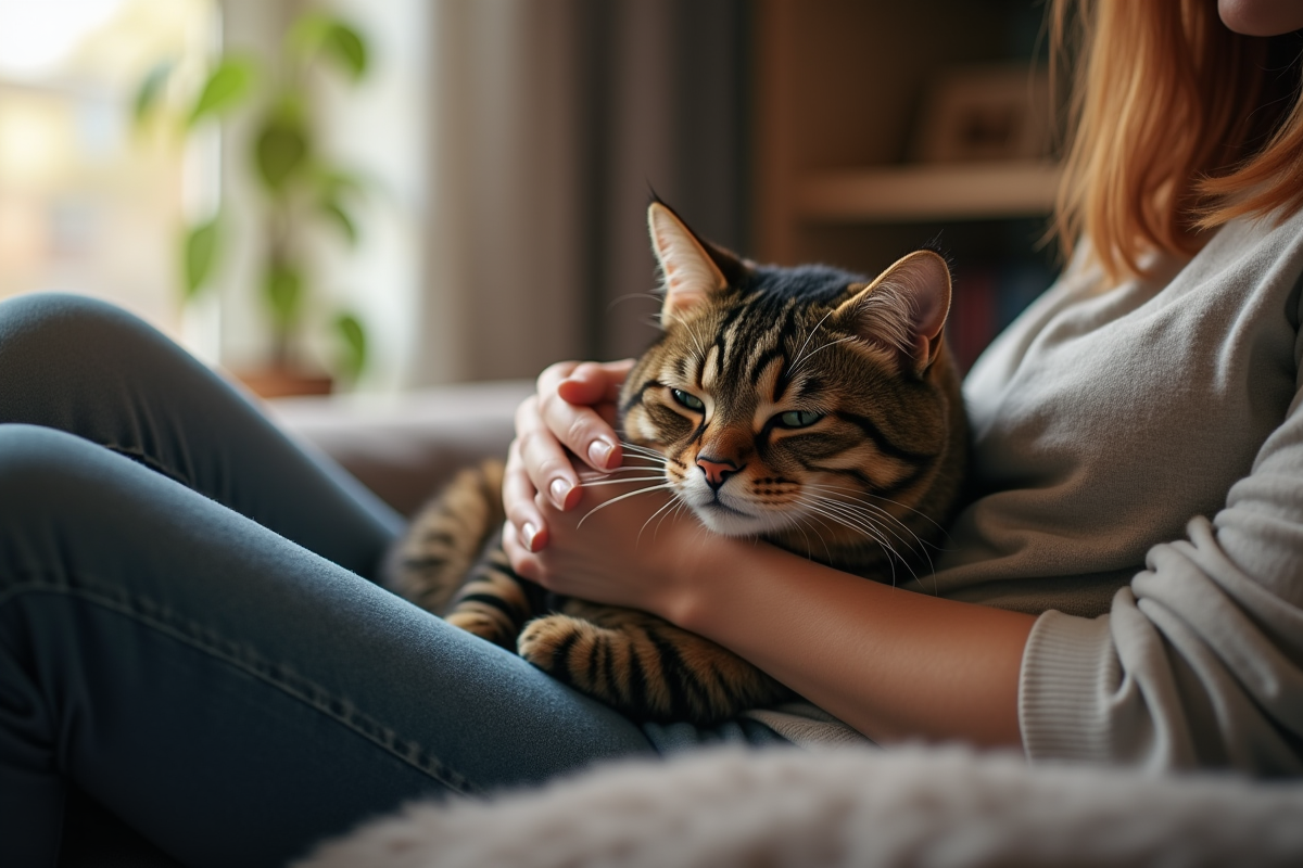 Personne réconforte un chat tigré dans un salon lumineux