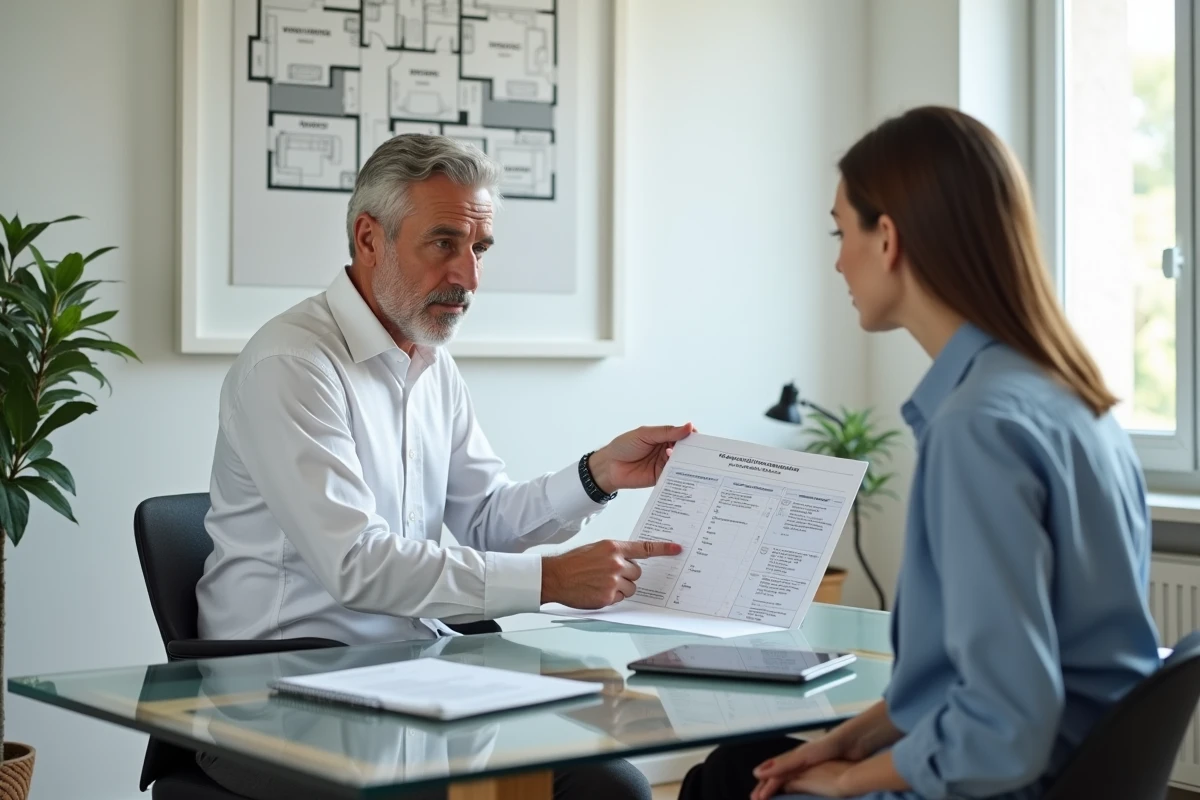 Conseiller en assurance présentant le détail du calcul du prix d'une assurance habitation pour une maison de 120m2