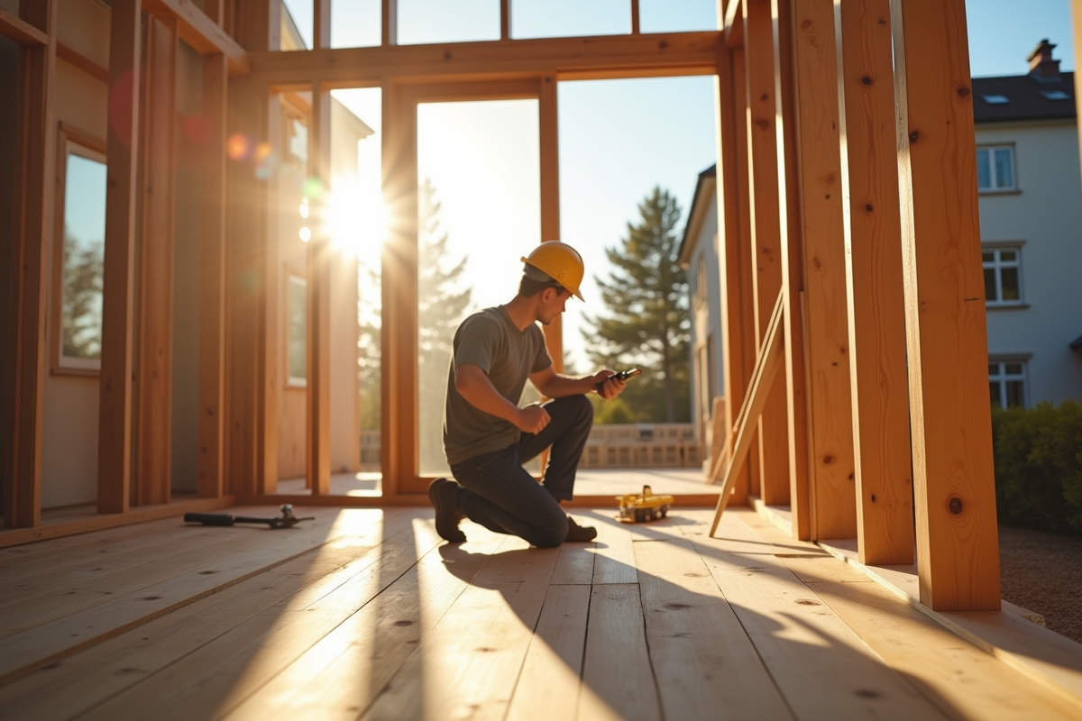 Ouvrier construisant une extension de maison en bois en plein jour