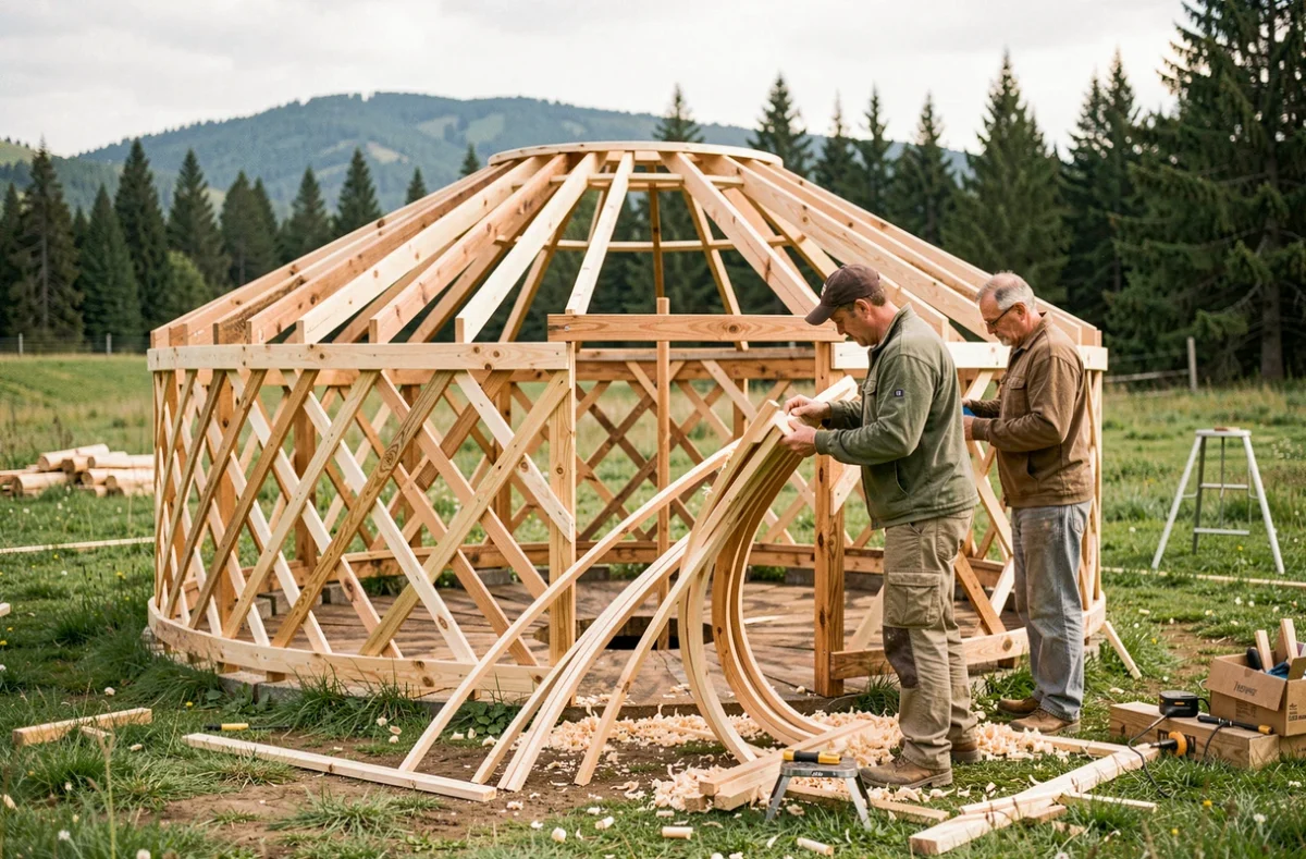 Construction d'une yourte en bois dans un pré verdoyant avec charpente circulaire en cours d'assemblage