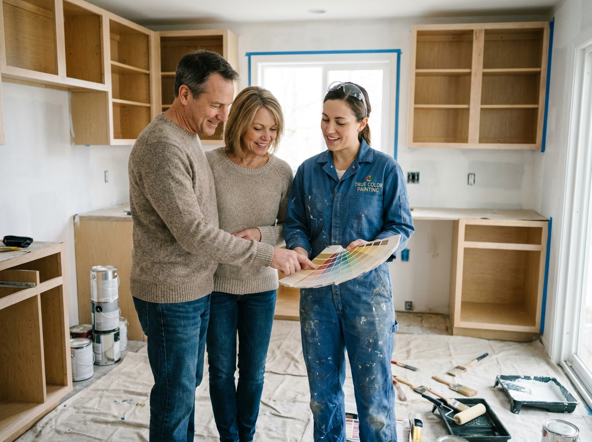 Entrepreneuse en peinture présentant des échantillons de couleurs à un couple de propriétaires dans une cuisine en rénovation