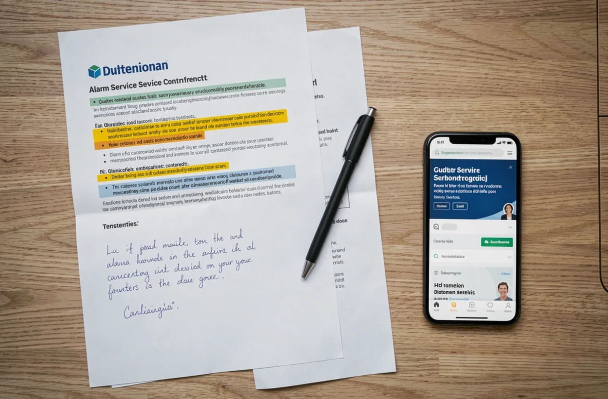 Vue aérienne d'un contrat d'alarme Verisure avec lettre de résiliation manuscrite et documents de frais cachés