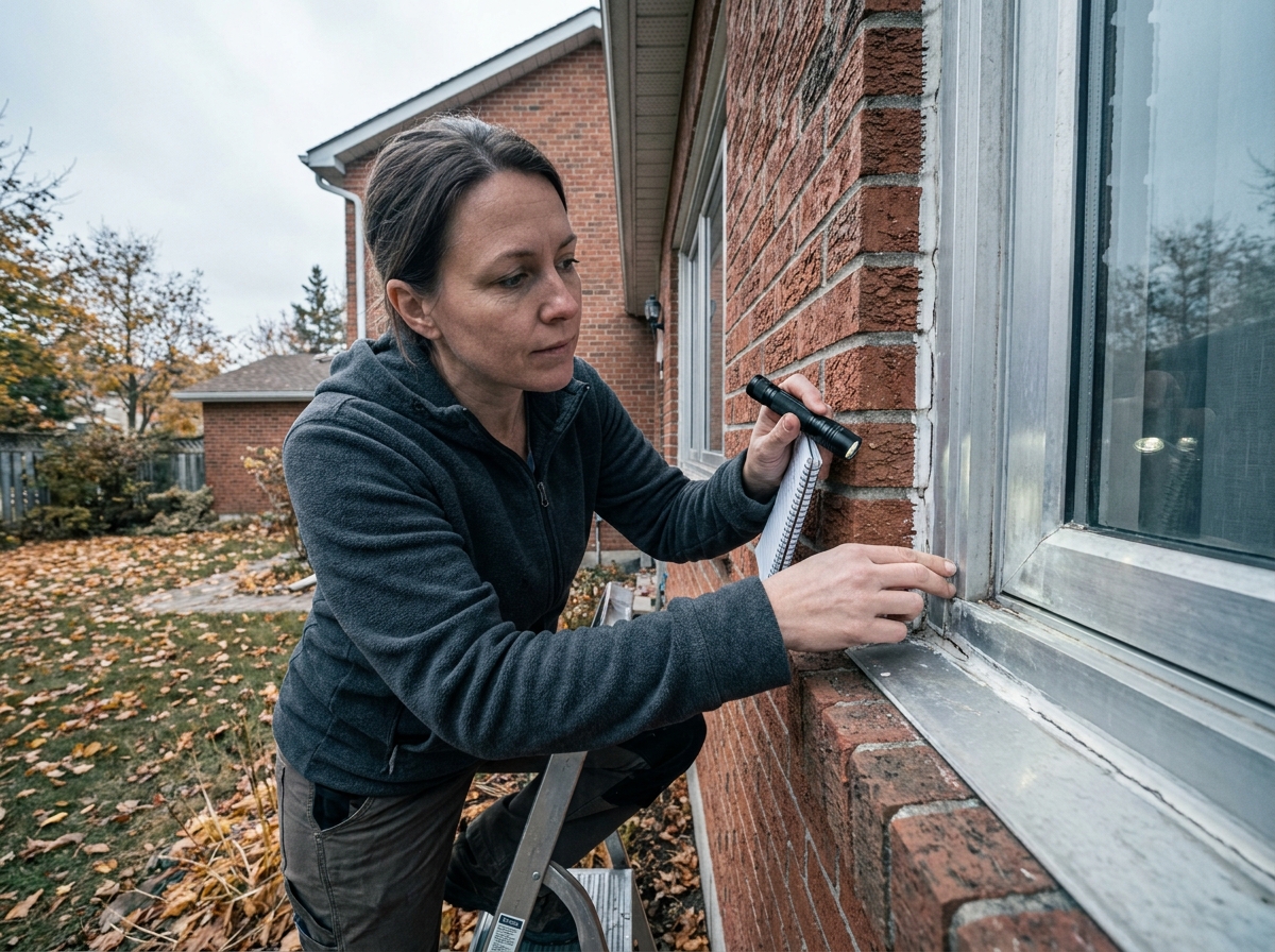 Femme examinant l'étanchéité extérieure d'une fenêtre en aluminium sur une maison en briques