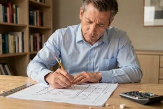 Homme corrigeant des calculs de volume en mètres cubes sur du papier millimétré à son bureau