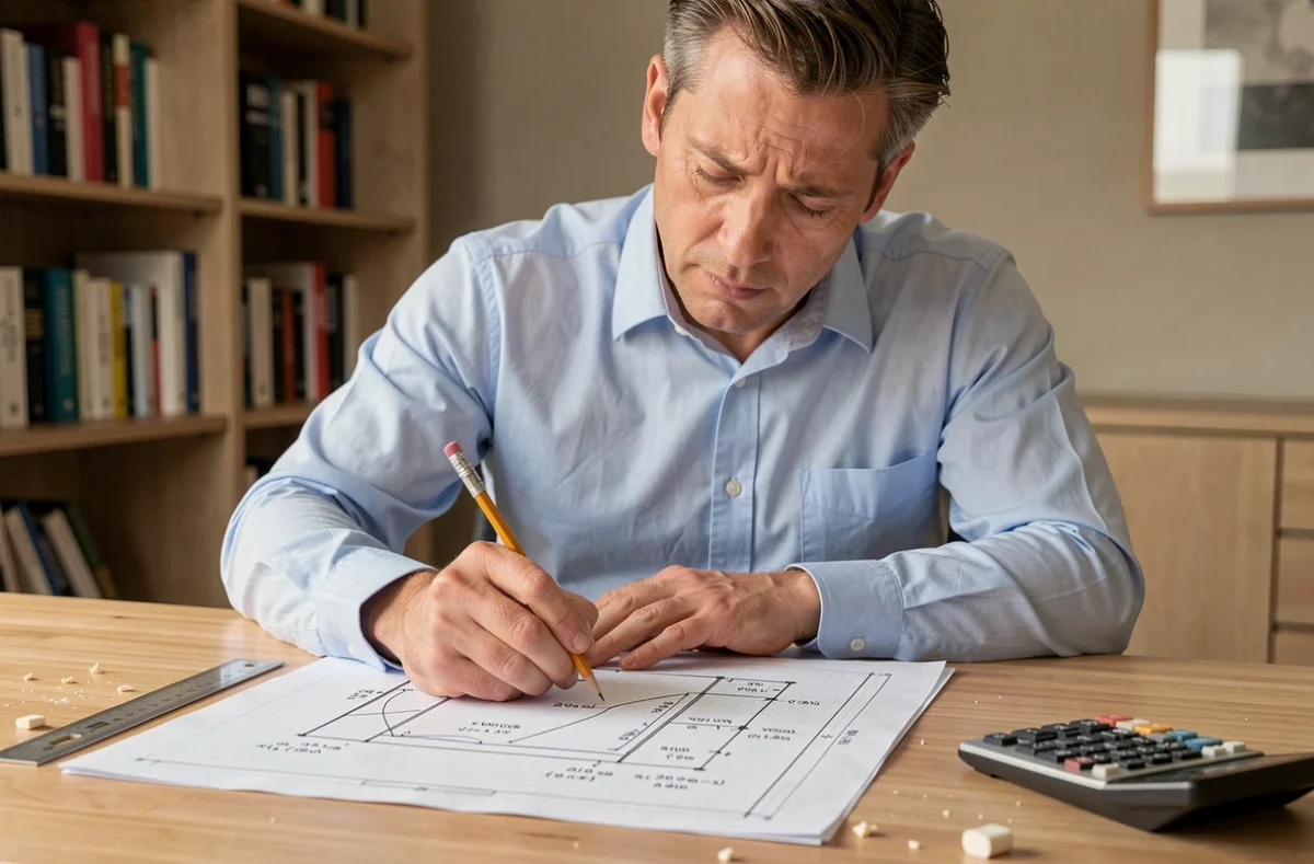 Homme corrigeant des calculs de volume en mètres cubes sur du papier millimétré à son bureau