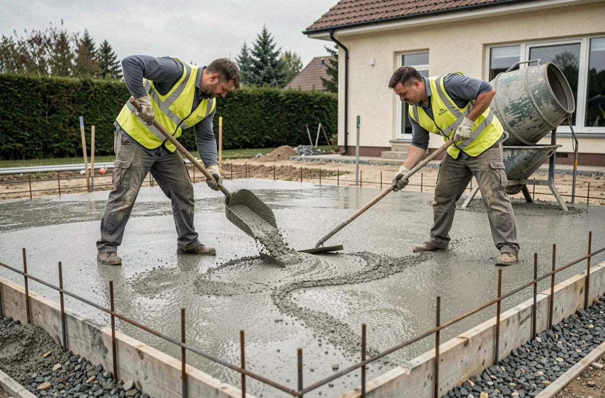 Deux ouvriers coulant et nivelant du béton frais sur une terrasse avec coffrage pour dalle extérieure
