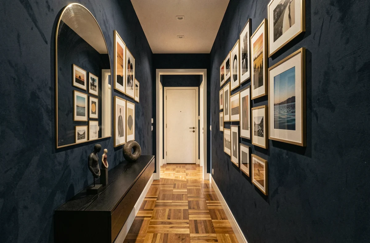 Couloir d'appartement moderne avec murs bleu marine et galerie de cadres dorés asymétriques style contemporain