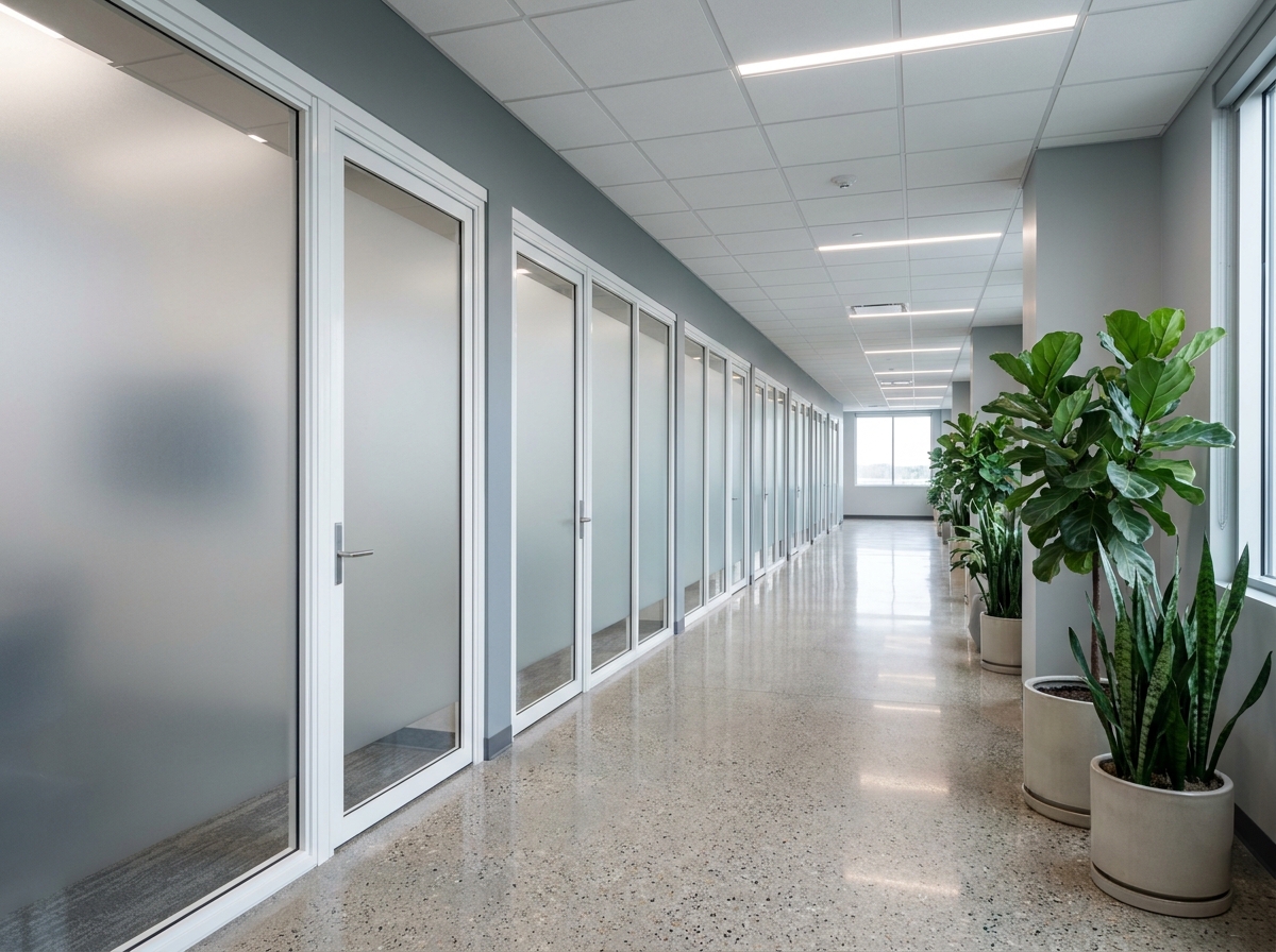 Couloir de bureau contemporain avec une rangée de portes battantes vitrées à verre dépoli dans des cadres en aluminium blanc