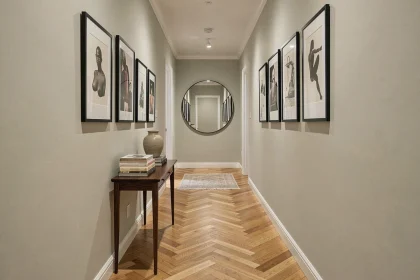 Couloir étroit décoré en galerie d'art avec cadres noirs, console en noyer et miroir rond au fond