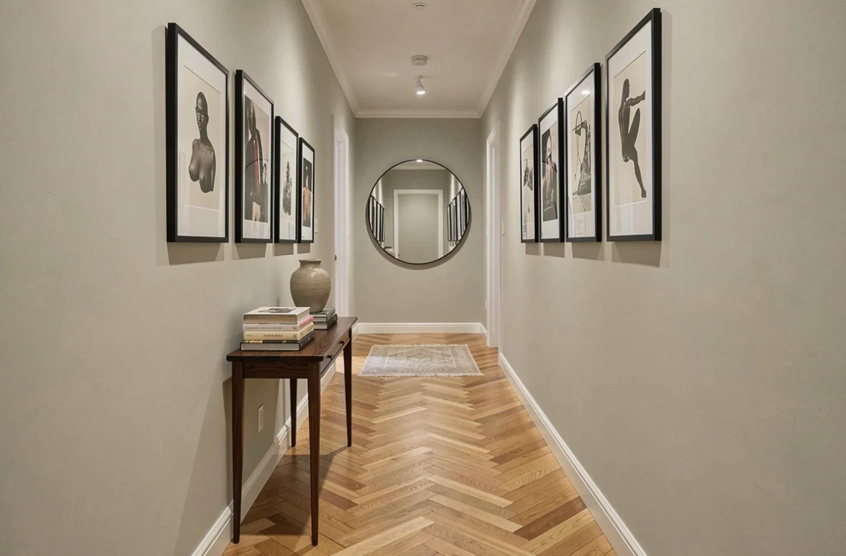 Couloir étroit décoré en galerie d'art avec cadres noirs, console en noyer et miroir rond au fond