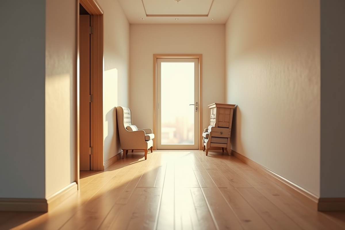 Couloir vide avec portes ouvertes et sol propre