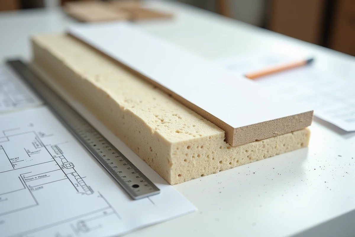 Vue en coupe des couches d'un mur en placo avec isolant acoustique et règle métrique pour mesurer l'épaisseur