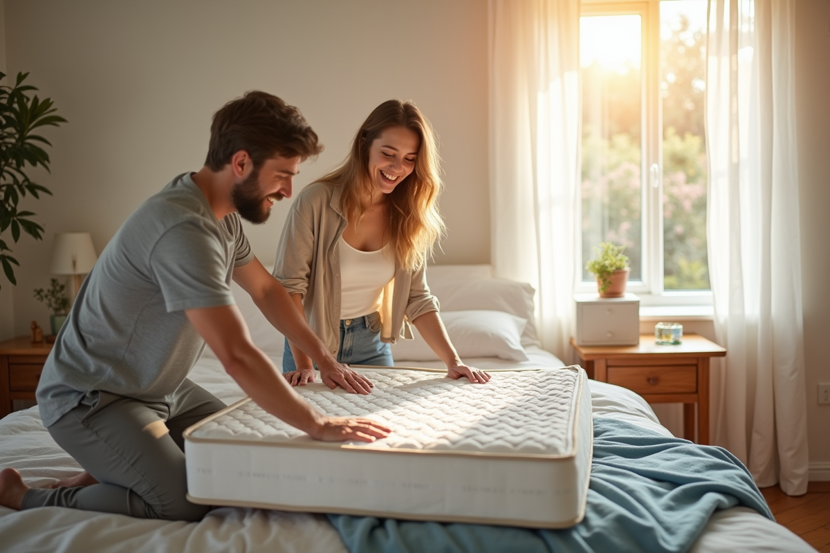 Couple heureux dans leur chambre moderne unboxing un matelas