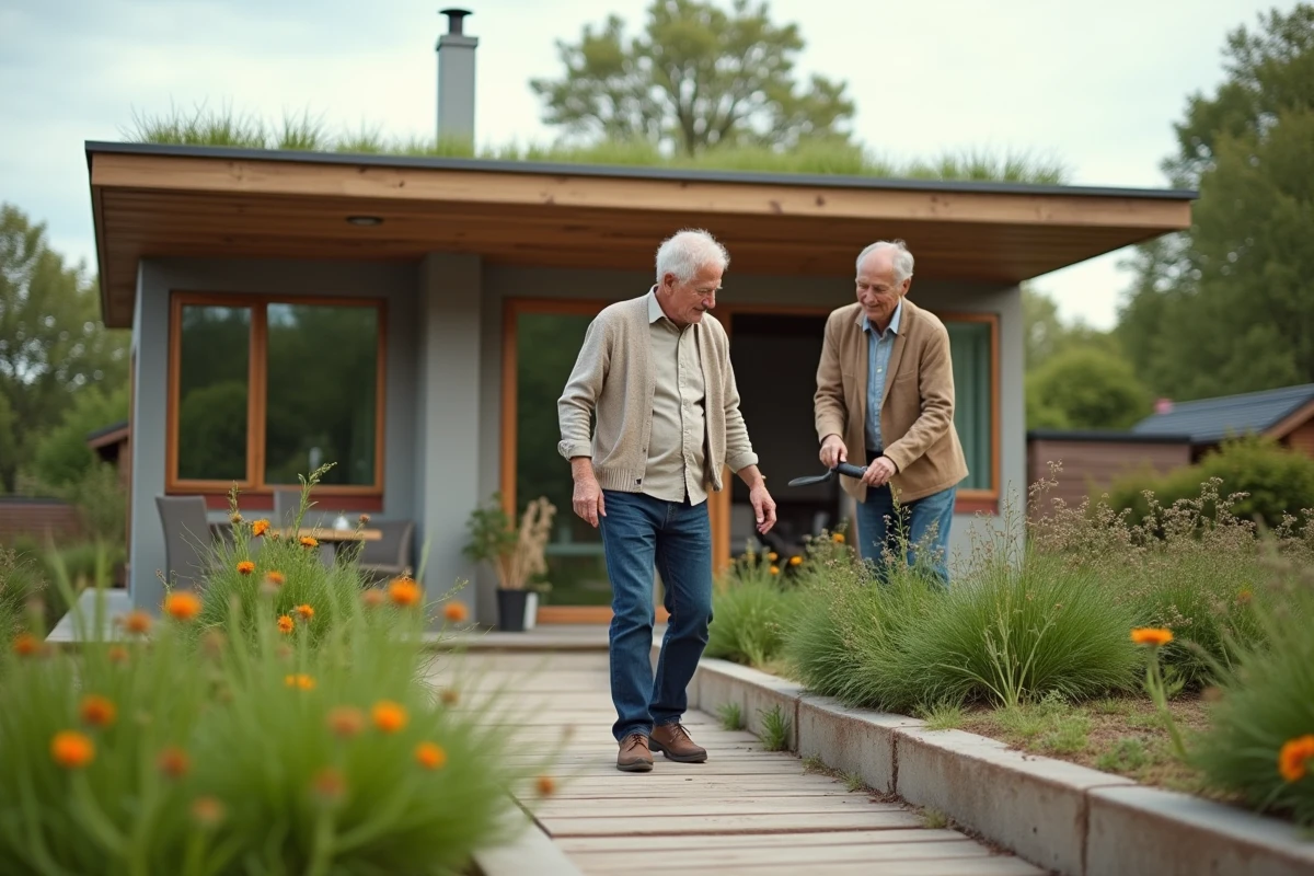 Couple &acirc;g&eacute; installant des modules de toiture verte en ext&eacute;rieur