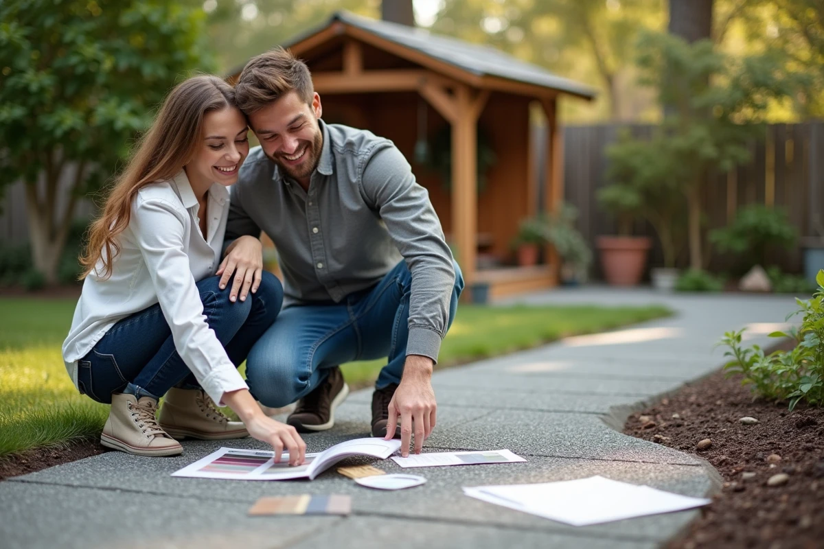 Jeune couple examinant des &eacute;chantillons de b&eacute;ton d&eacute;coratif