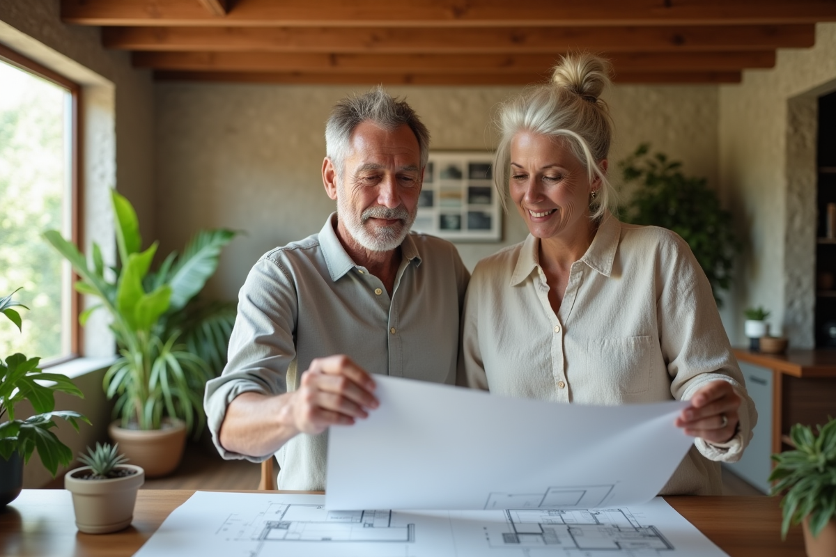 Couple examinant plans d'architecture écologique dans un salon lumineux