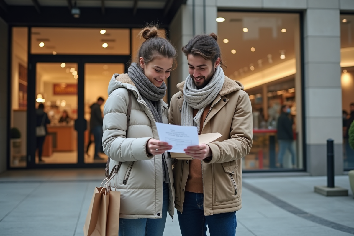 Jeune couple avec sacs devant l