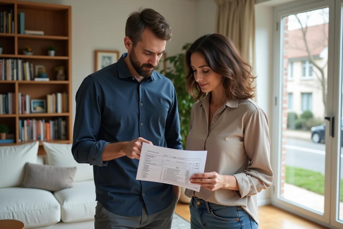 Couple examinant une estimation de prix d'assurance maison dans le salon d'une habitation de 120m2