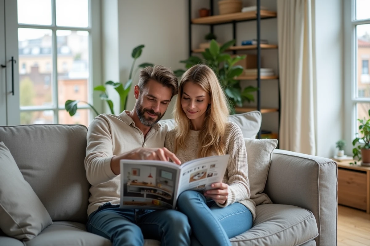 Couple feuilletant ensemble un magazine d'abonnement maison dans un salon contemporain