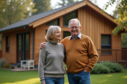 Couple devant leur maison en bois naturel et façade en bois vertical