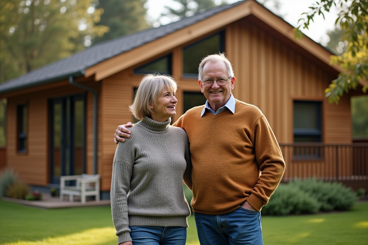 Couple devant leur maison en bois naturel et façade en bois vertical