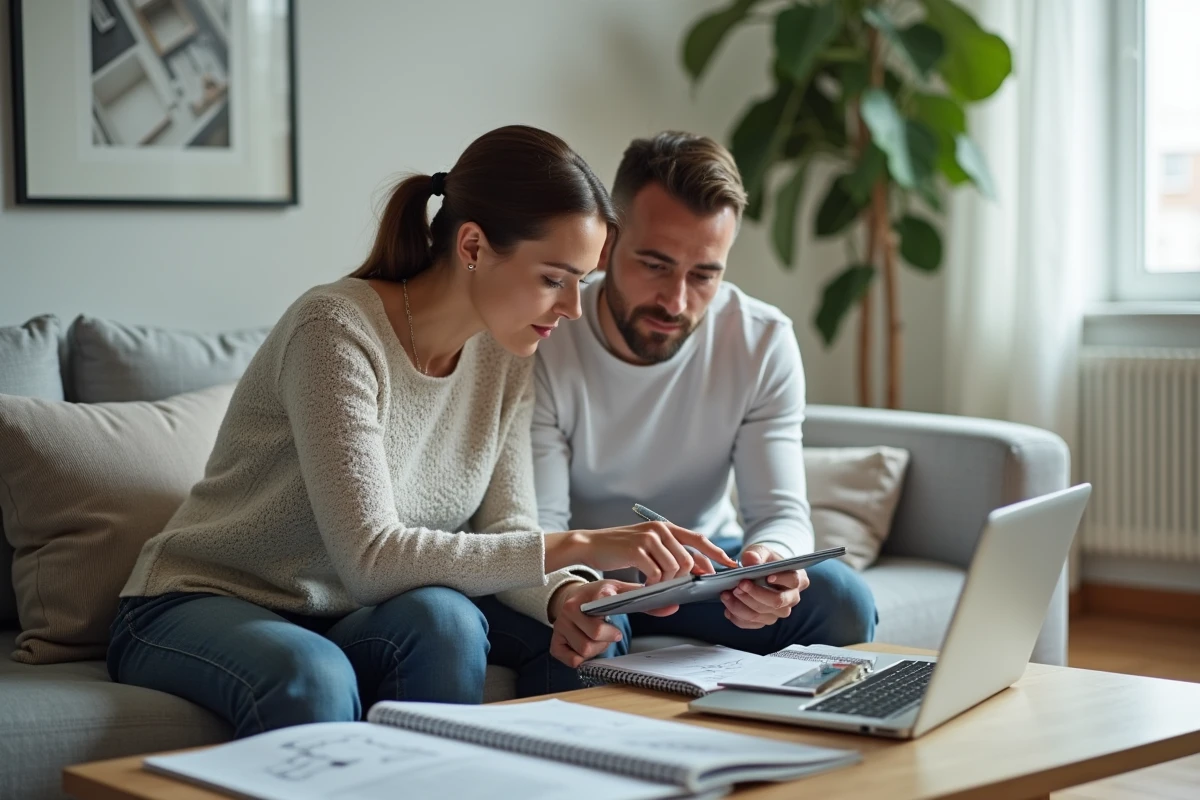 Couple planifiant ensemble les plans 3D de leur future maison sur ordinateur portable après la fermeture de Kozikaza