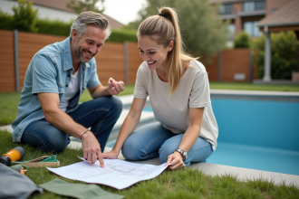 Couple souriant examinant plans de piscine dans le jardin