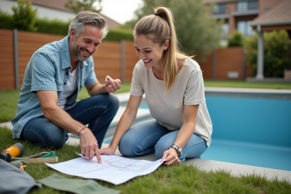 Couple souriant examinant plans de piscine dans le jardin