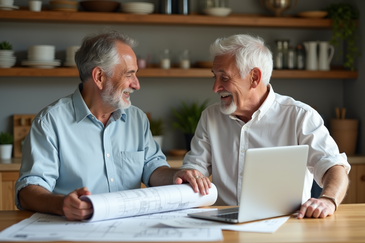 Couple mature discute plans de rénovation dans leur cuisine