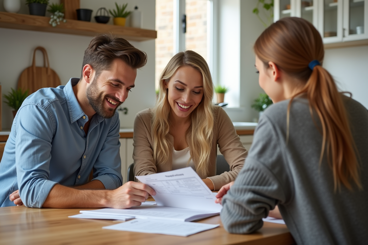 Jeune couple discutant de travaux de rénovation avec un conseiller
