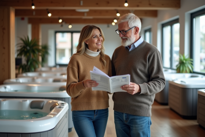 Couple compare modèles de spa dans un showroom moderne