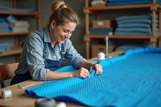 Femme cousant une couverture de piscine en intérieur