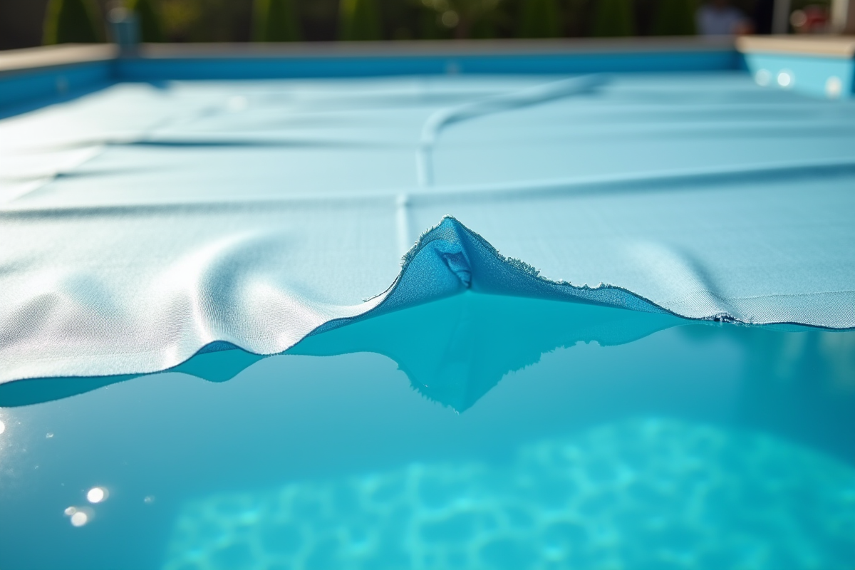 Couverture de piscine endommagee avec tissu déchiré et eau bleue