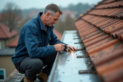 Couvreur middleaged posant zinc sur toit en zinc